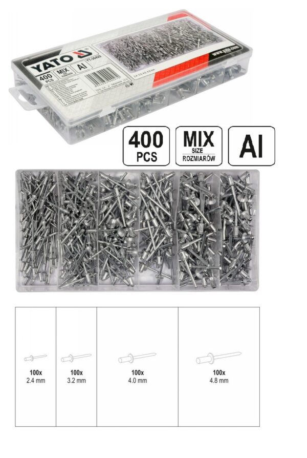 YATO ALU POPSZEGECS KLT. 400DB-OS 2.4 3.2 4.0 4.8 mm