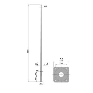 LÁMPAOSZLOP,ACÉL TALPAS 8m GALV. KÚPOS, SBS-HO-K-60/80/3 GALVANIZÁLT