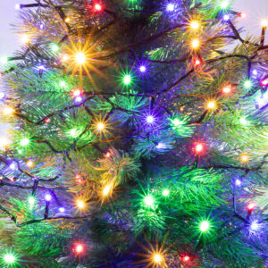 Xmas LED-es beltéri fényfüzér, 16m / 200db színes LED, állófényű, zöld vezeték, hálózati adapter
