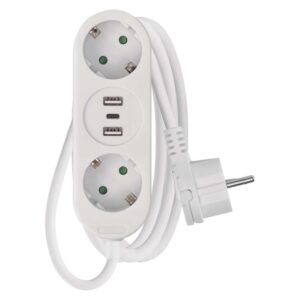 Hosszabbító 2 aljzat, 1,4m, 2xUSB-A, 1xUSB-C, 1,5mm2, fehér
