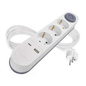 Hosszabbító 3 aljzat, 2m, kapcsolós, USB-A, USB-C, 1,5mm2, fehér