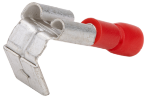 Szigetelt rátolható csatlakozó csap+hüvely, sárgaréz, piros